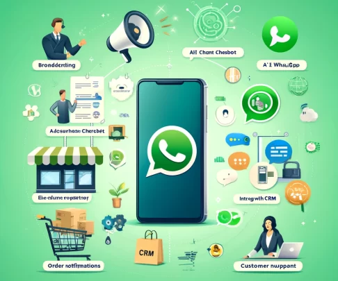DALL·E 2024-06-11 14.22.46 - An illustration of a WhatsApp Business platform in a 1080x1080 px image. The image shows various features such as broadcasting messages, creating an A